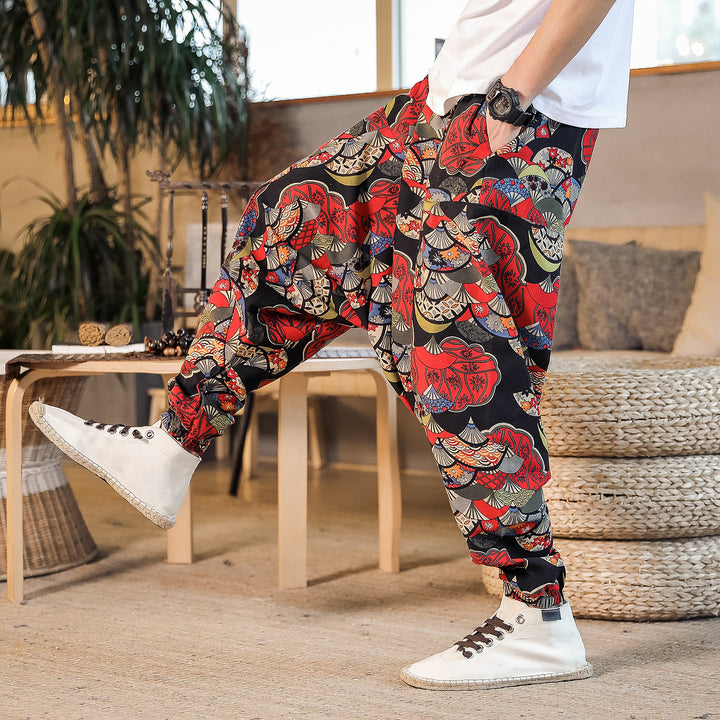 Men's casual harem pants with colorful art motif and elastic waistband Lisslune