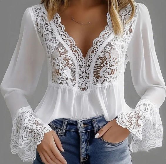 Damen elegante Bluse mit Spitzendetails und gerafftem Saum Lisslune