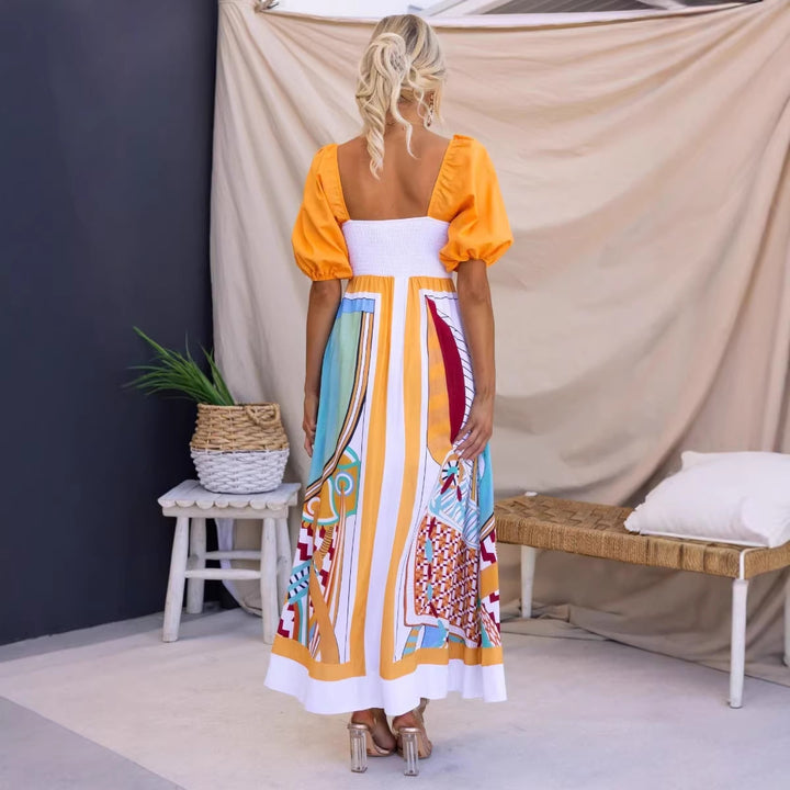 Ladies' maxi dress with creative art print and puff sleeves