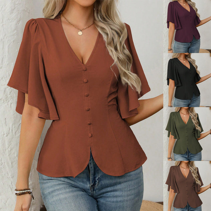 Damen elegante Bluse mit Glockenärmeln und Knopfdetail Lisslune