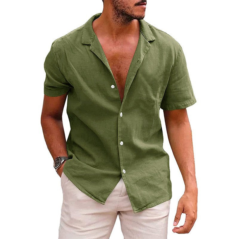 Men's short-sleeve shirt made of high-quality linen with stylish notch collar Lisslune