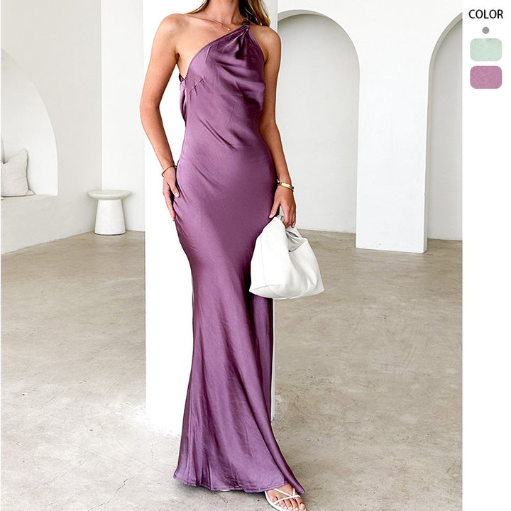 Women's Elegant Maxi Dress with Asymmetrical Strap and Flowing Satin Fall Lisslune