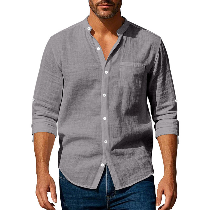 Men's casual long-sleeve shirt with modern stand-up collar and practical chest pockets Lisslune