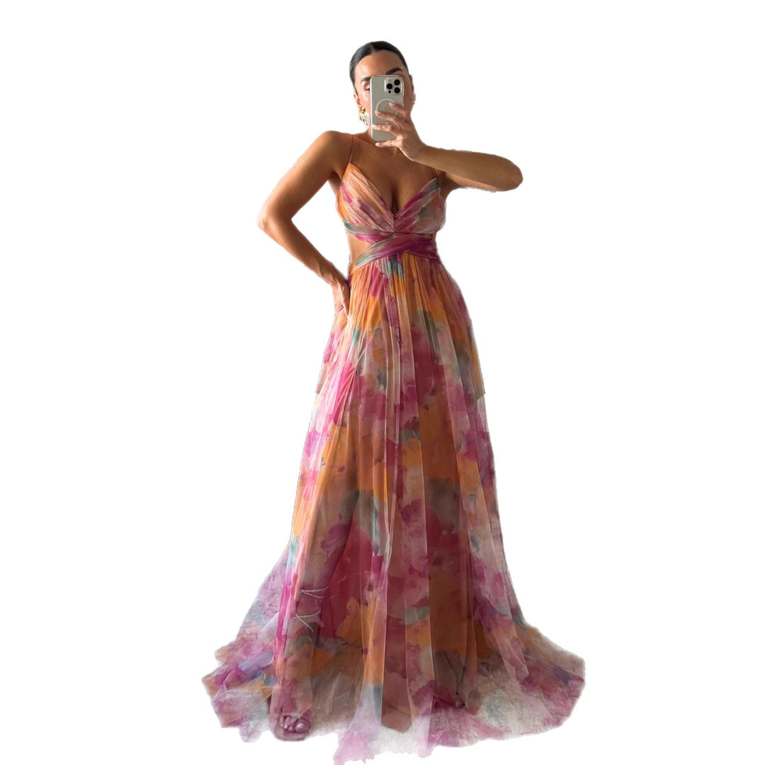 Women's maxi dress with floral chiffon design and elegant waistline