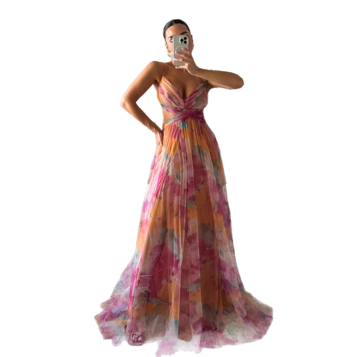 Women's maxi dress with floral chiffon design and elegant waistline