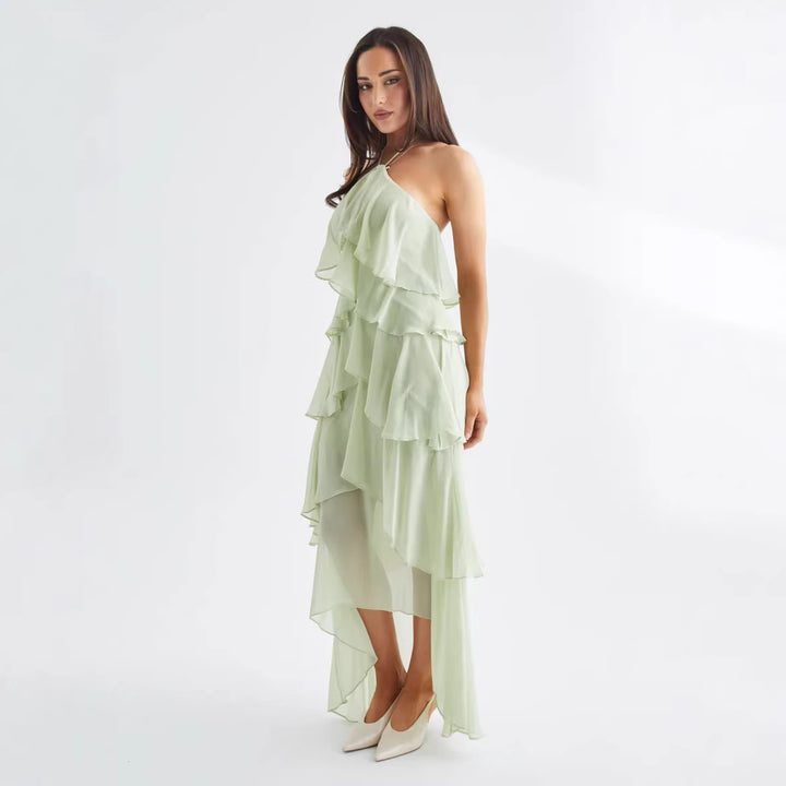 Women's Airy Chiffon Maxi Dress with Ruffle Details and Elegant Halter Neck Lisslune