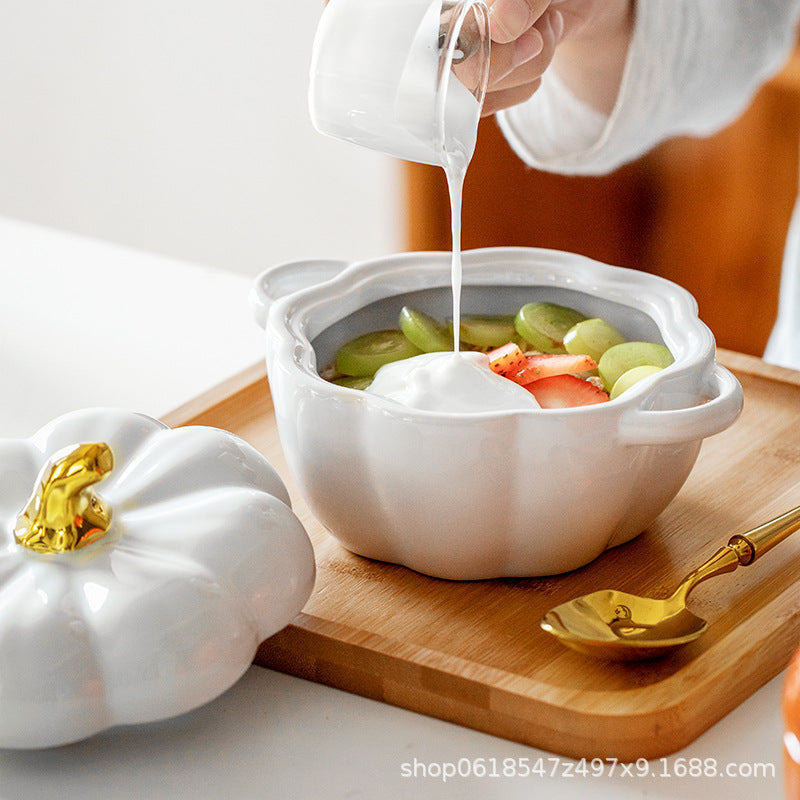 Rynx | Autumn decoration ceramic bowl with lid stew bowl pumpkin bowl household kitchen kids soup bowl steamed egg salad bowl dish rice bowl logo