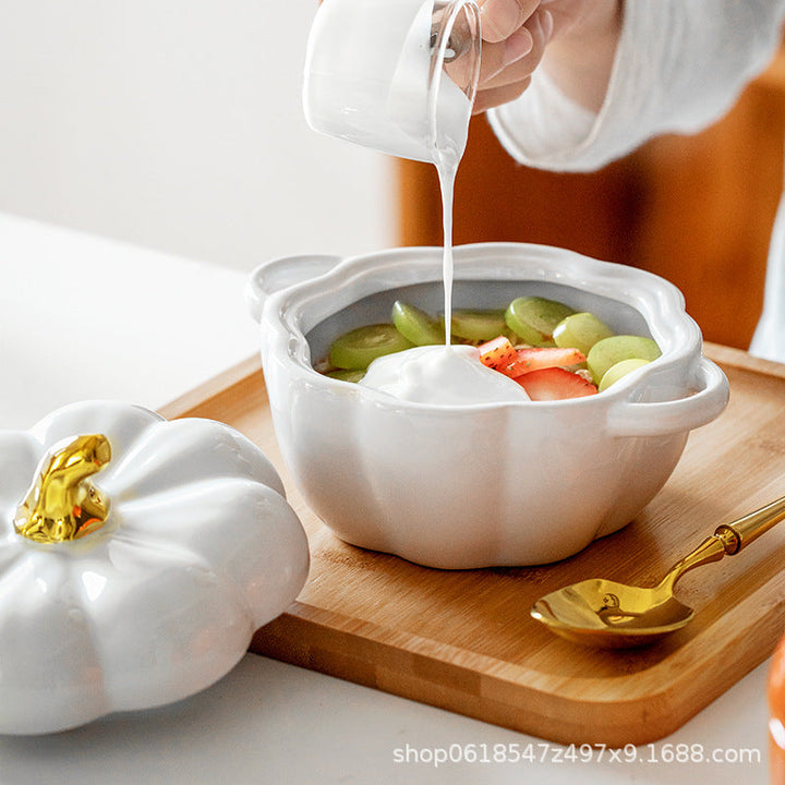 Rynx | Autumn decoration ceramic bowl with lid stew bowl pumpkin bowl household kitchen kids soup bowl steamed egg salad bowl dish rice bowl logo
