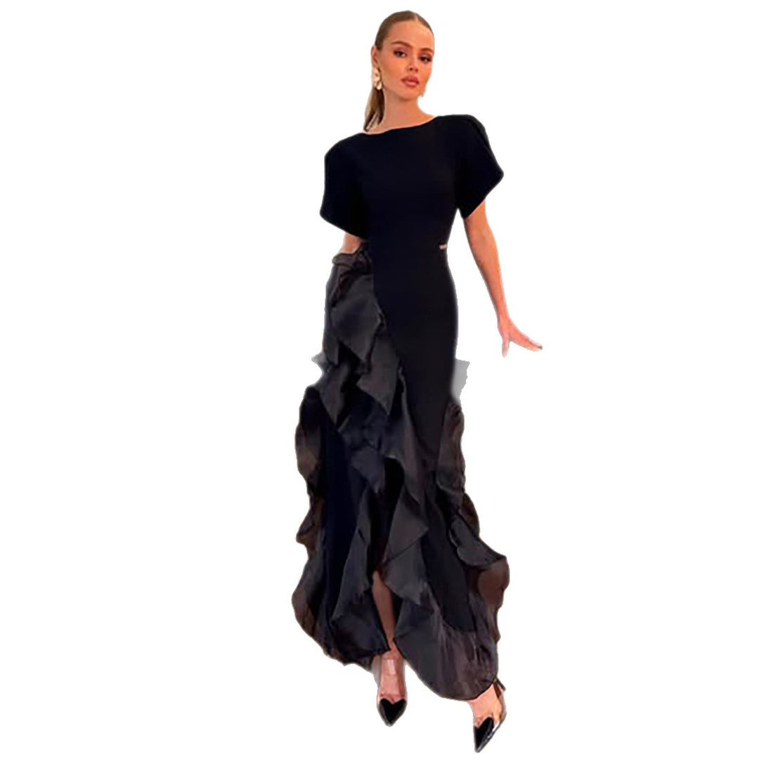 Women's elegant maxi dress with flowing ruffles and shimmering upper material Lisslune