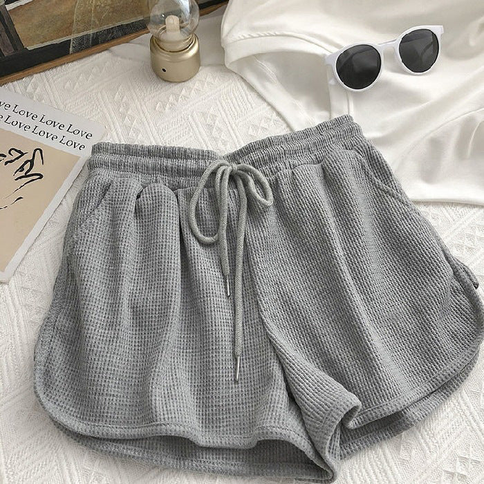 Women's casual waffle texture shorts with adjustable drawstring and elastic waistband