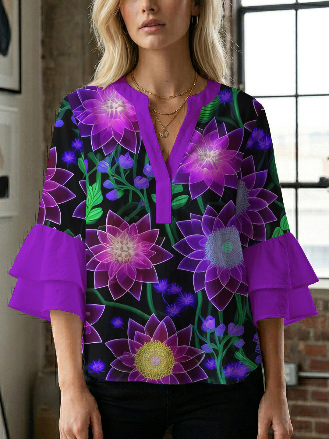 Women's blouse shirt with voluminous sleeves and floral pattern Lisslune