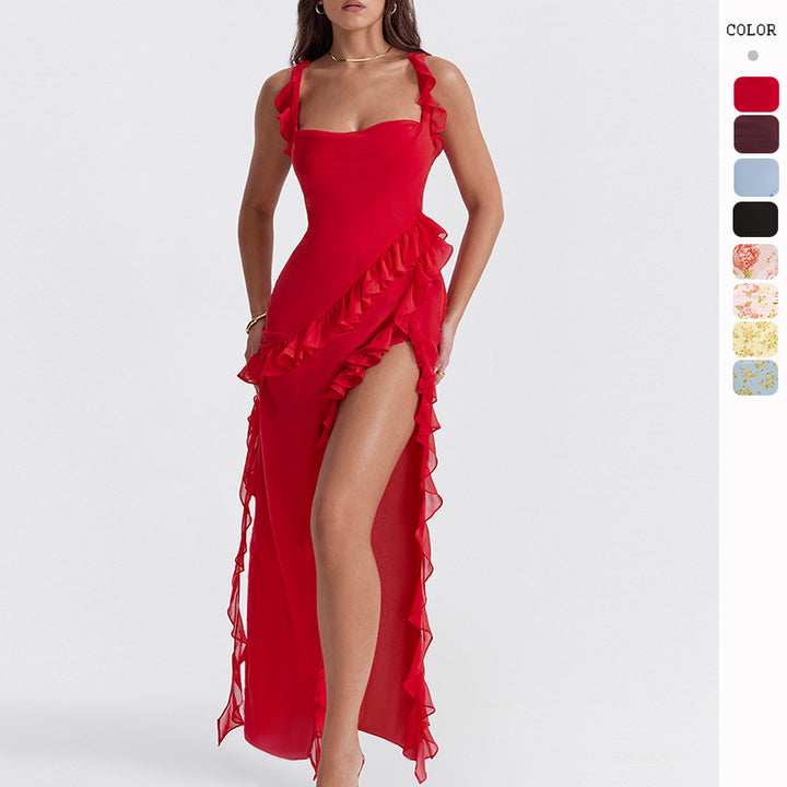 Women's Maxi Dress with Ruffle Details and Floral Design