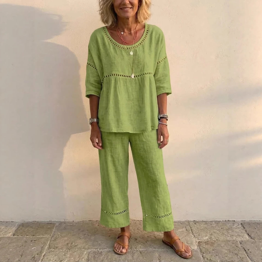Women's Complete Loungewear Set Made of Linen with Airy Fit and Lace Details Lisslune