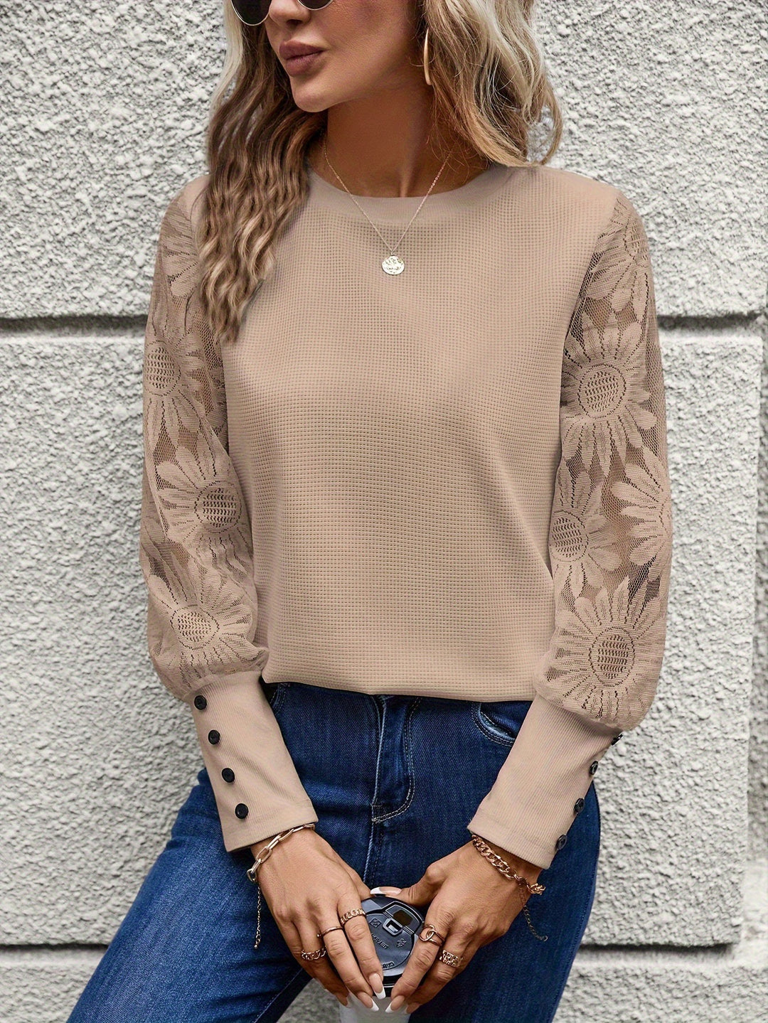 Ladies Elegant Top with Floral Crochet Sleeves Lisslune