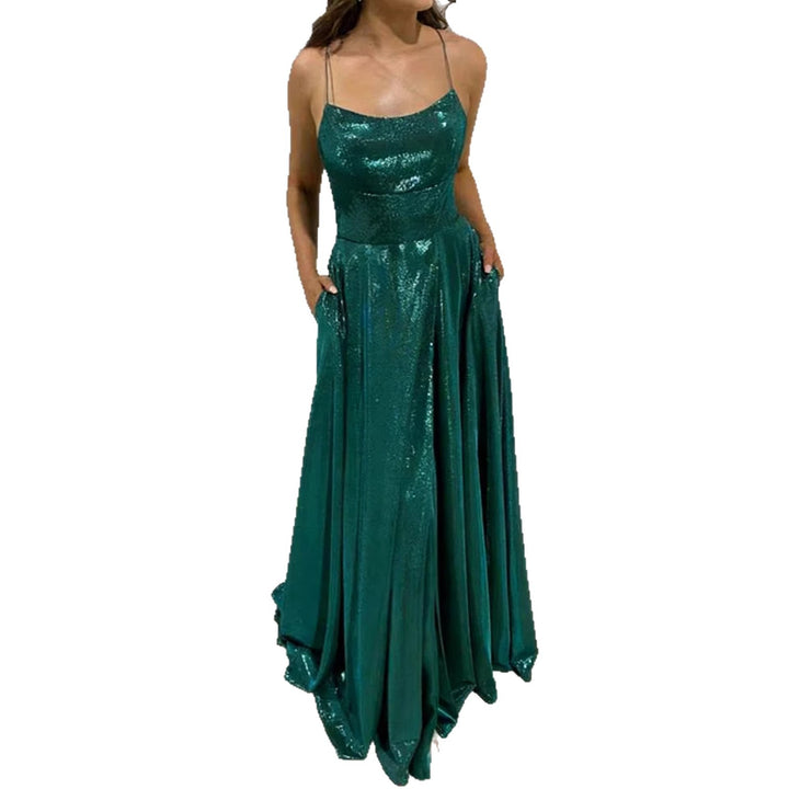 Women's Glamorous Evening Dress with Sparkling Satin and Flared Skirt