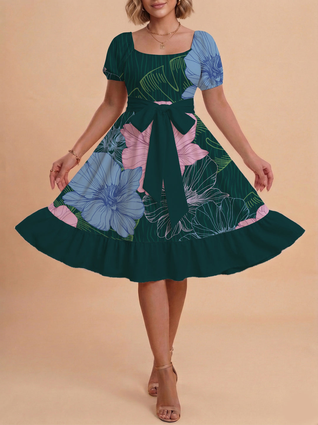 Women's floral dress with adjustable belt and voluminous sleeves Lisslune