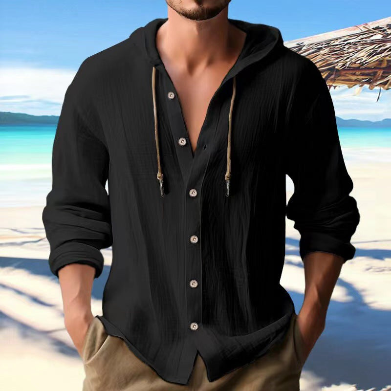 Men's casual hoodie shirt with button placket and drawstring Lisslune