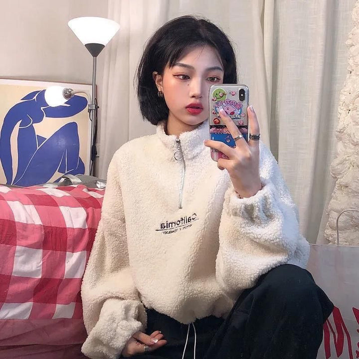 Women’s fleece pullover with stand-up collar and zipper Lisslune