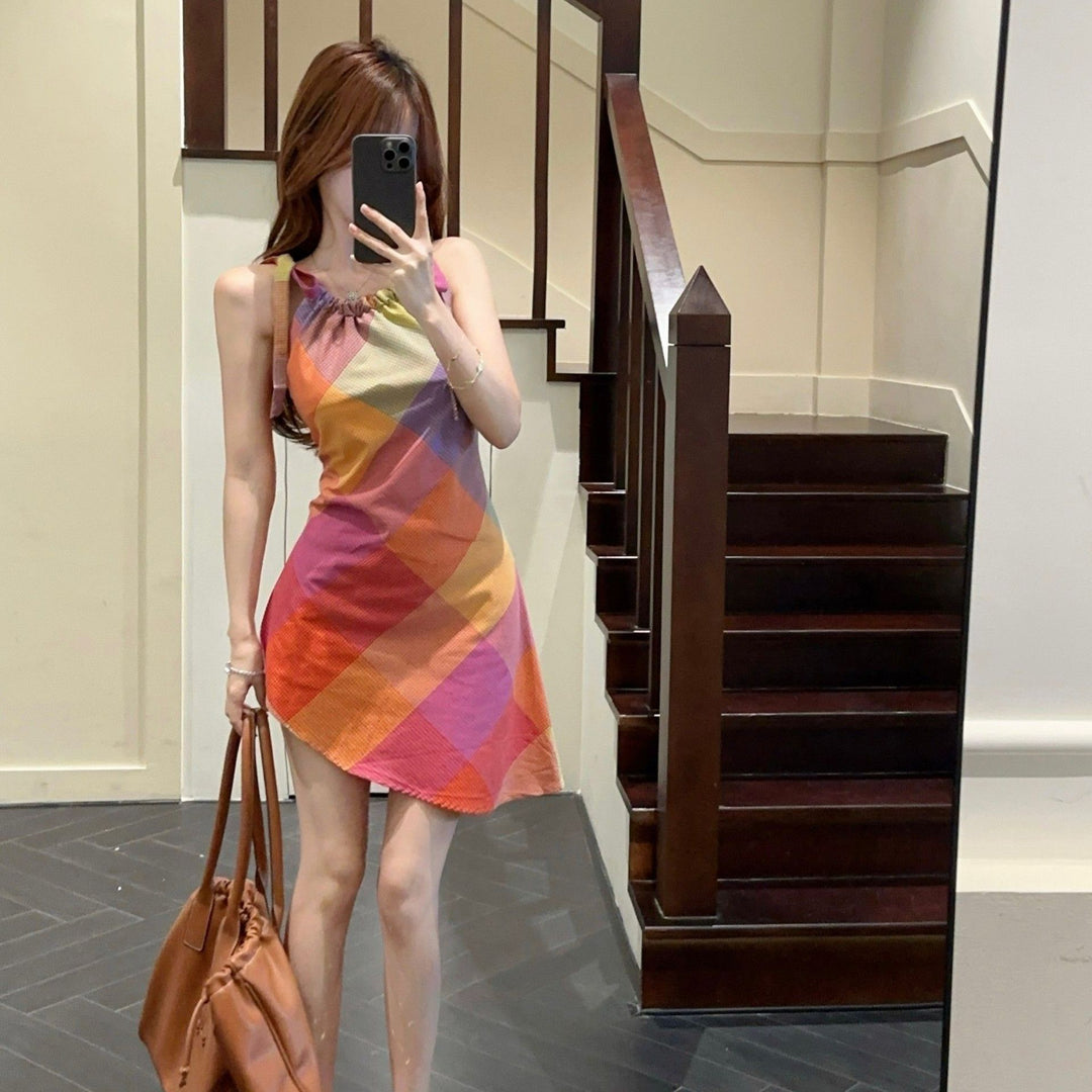 Women's short-sleeve dress with fashionable check pattern and elastic neckline Lisslune