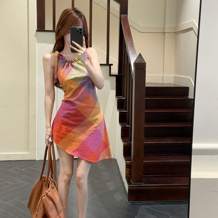 Women's short-sleeve dress with fashionable check pattern and elastic neckline Lisslune