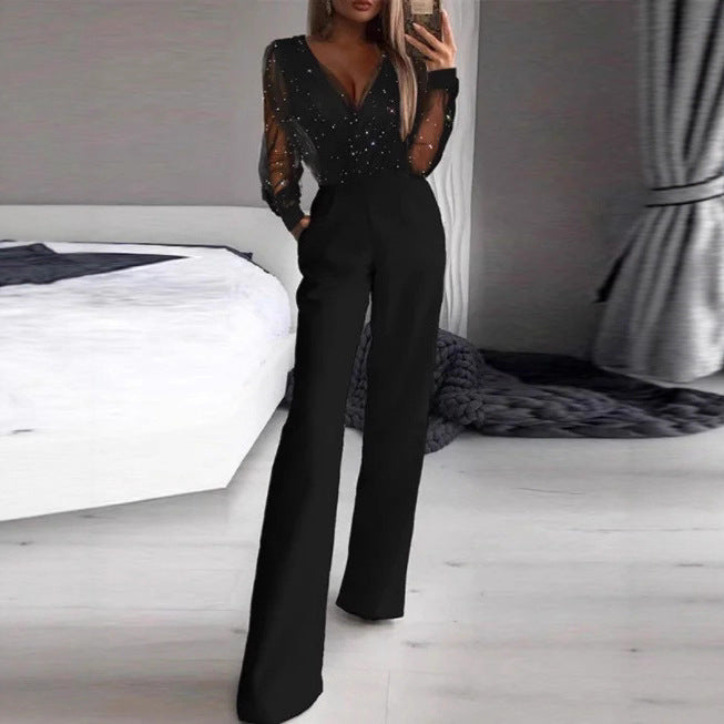 Women Elegant Jumpsuit with Transparent Blouse and Shimmering Accents Lisslune