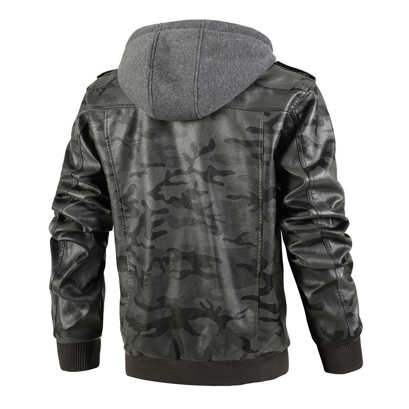 Men's Synthetic Leather Jacket with Removable Hood and Multifunctional Pockets Lisslune