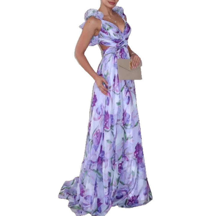 Women's maxi dress in romantic vintage style with a flowing skirt and ruffle details