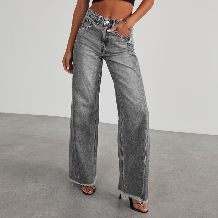 Ladies High-Waisted Mom Jeans in Classic Cut with Frayed Hem Lisslune