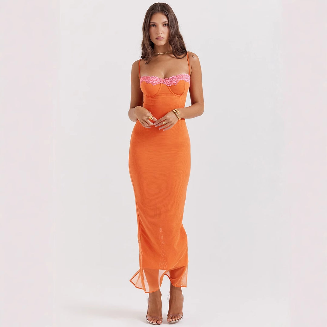 Women's fitted maxi dress with transparent hem and romantic lace accent Lisslune