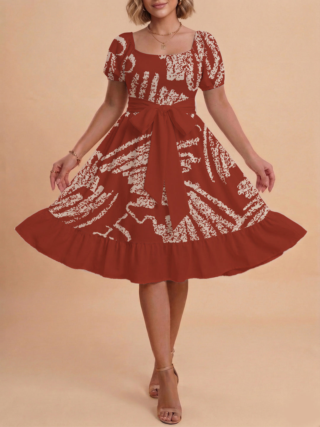 Women A-line dress with floral motifs and adjustable belt Lisslune