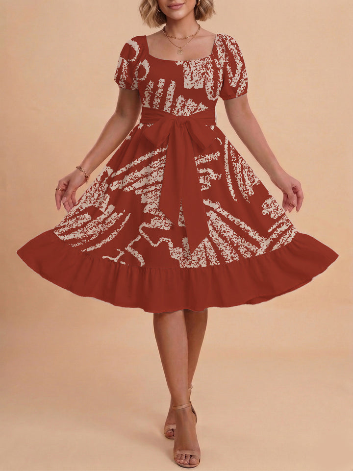 Women A-line dress with floral motifs and adjustable belt Lisslune