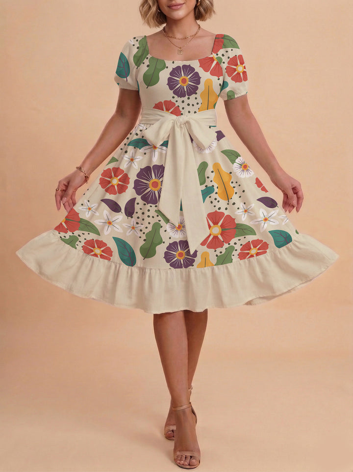 Women's Midi Dress with Elegant Floral Print and Fitted Belt Lisslune