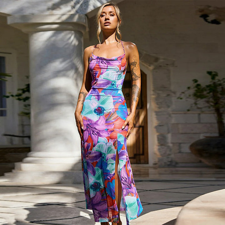 Women's maxi dress with floral pattern and elegant slit Lune London