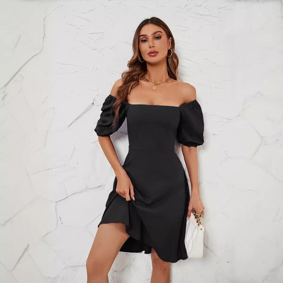 Ladies Elegant Off-Shoulder Dress with Voluminous Puff Sleeves and Asymmetrical Cut
