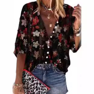 Women's Transparent Blouse with Floral Embroidery and Oversized Cut