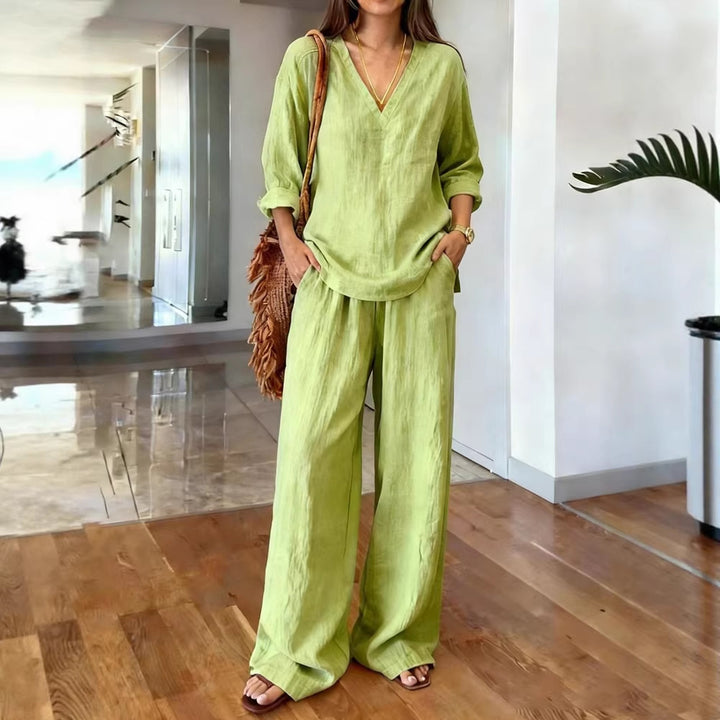 Women's Casual Linen Top and Wide Palazzo Pants Set Lisslune