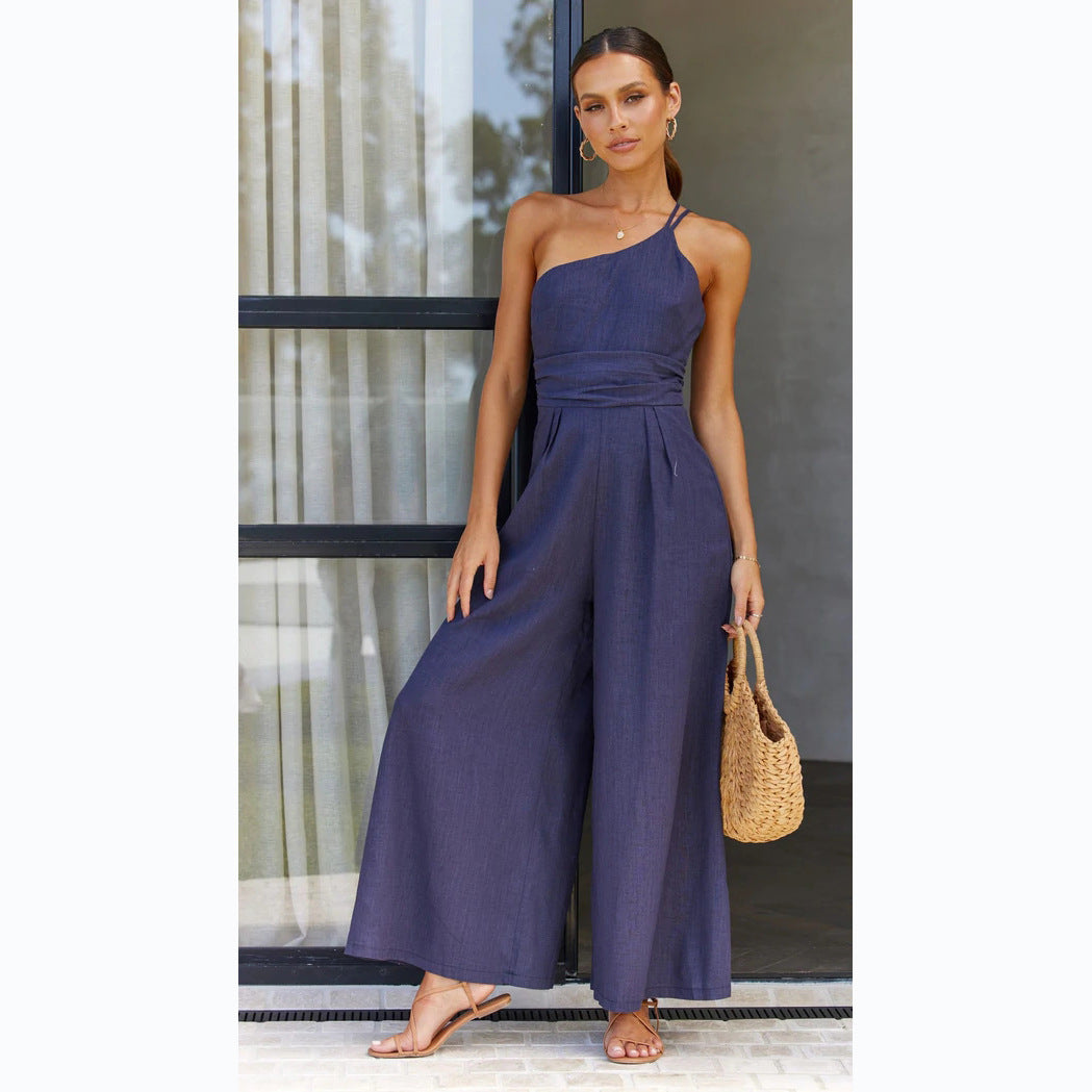 Women's jumpsuit in fashionable wrap design with wide leg and off-shoulder cut