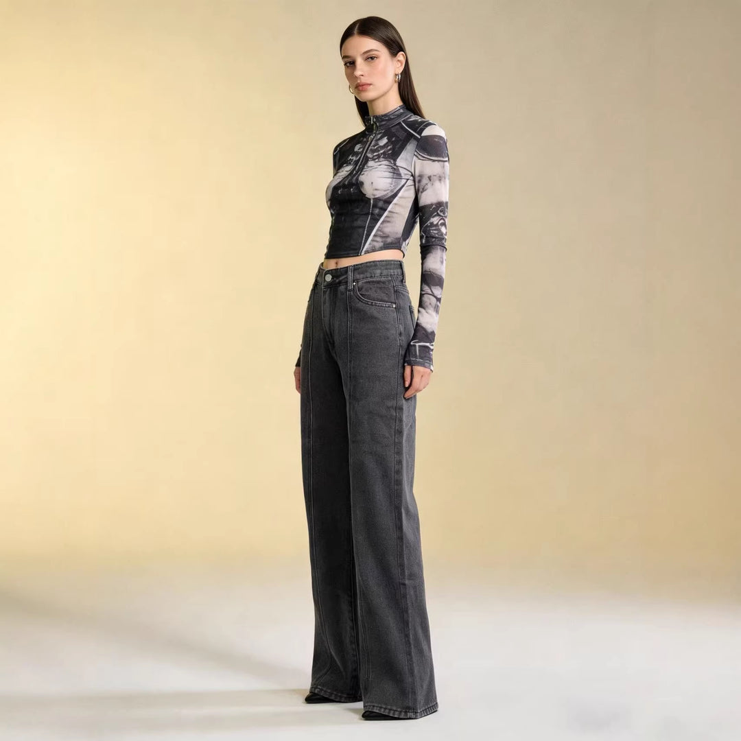 Women's high-waisted wide jeans with refined seam details Lisslune