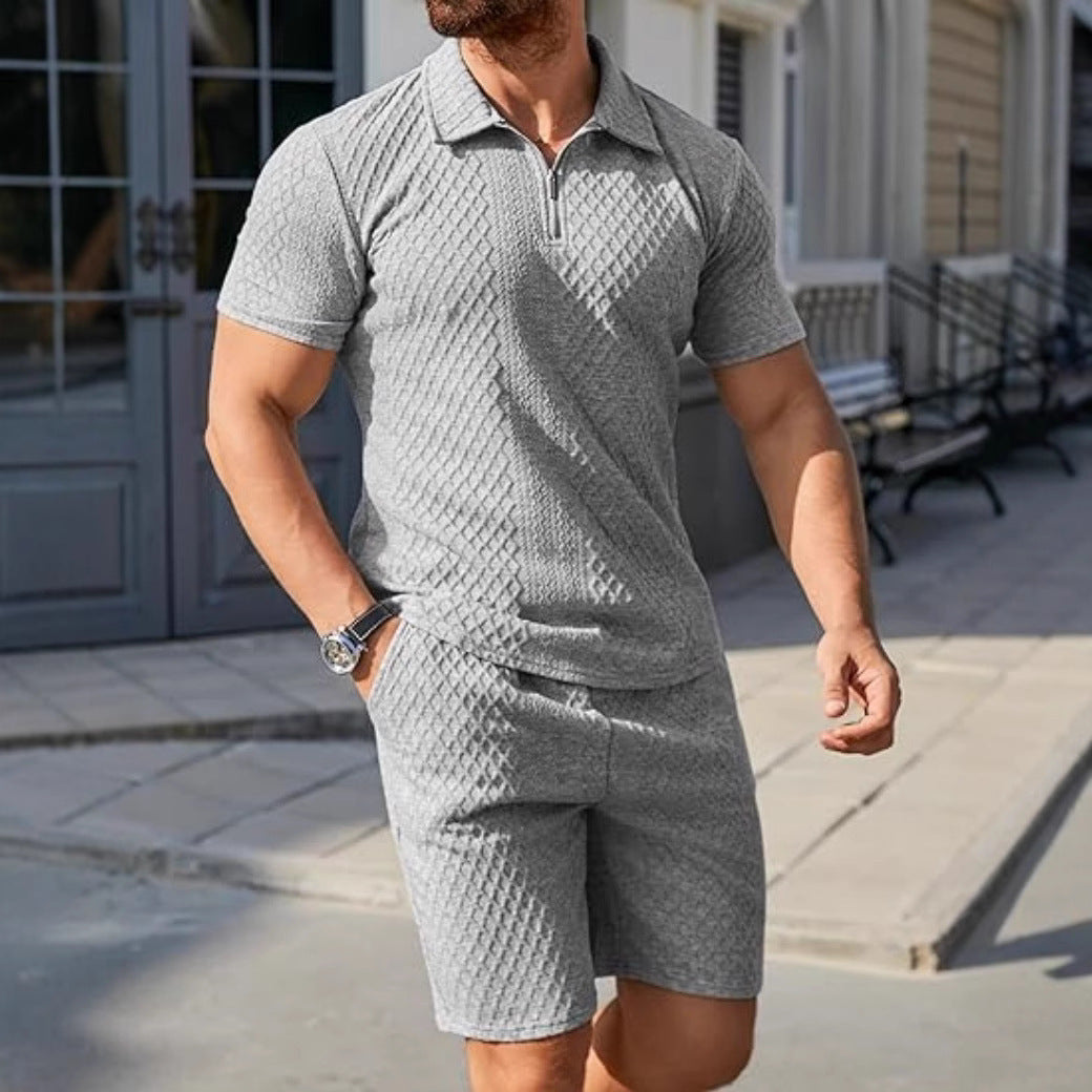 Men's sporty short sleeve set with zipper and knit pattern Lisslune