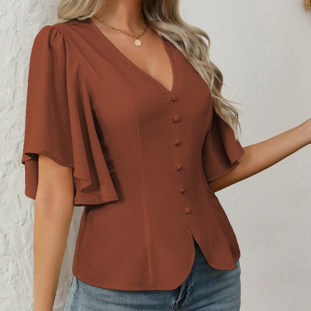 Damen elegante Bluse mit Glockenärmeln und Knopfdetail Lisslune