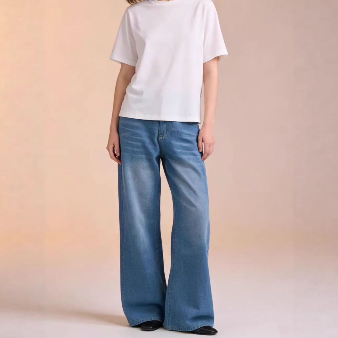 Damen weite Denim-Hose mit Vintage-Waschung und hoch geschnittenem Bund Lisslune