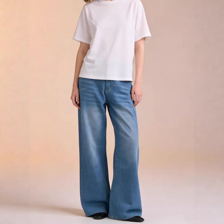 Damen weite Denim-Hose mit Vintage-Waschung und hoch geschnittenem Bund Lisslune