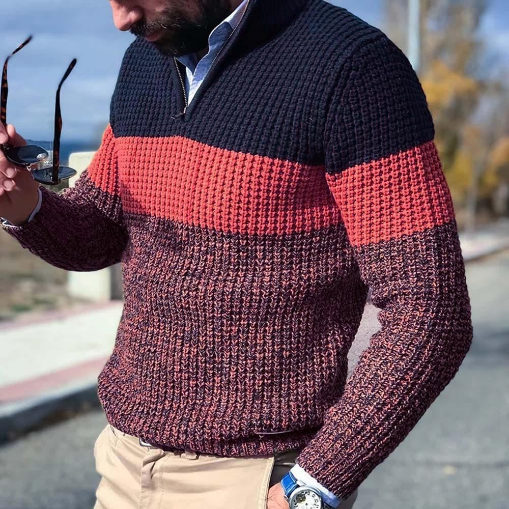 Men's Patterned Knit Sweater with Zipper and Color Block Design Lisslune