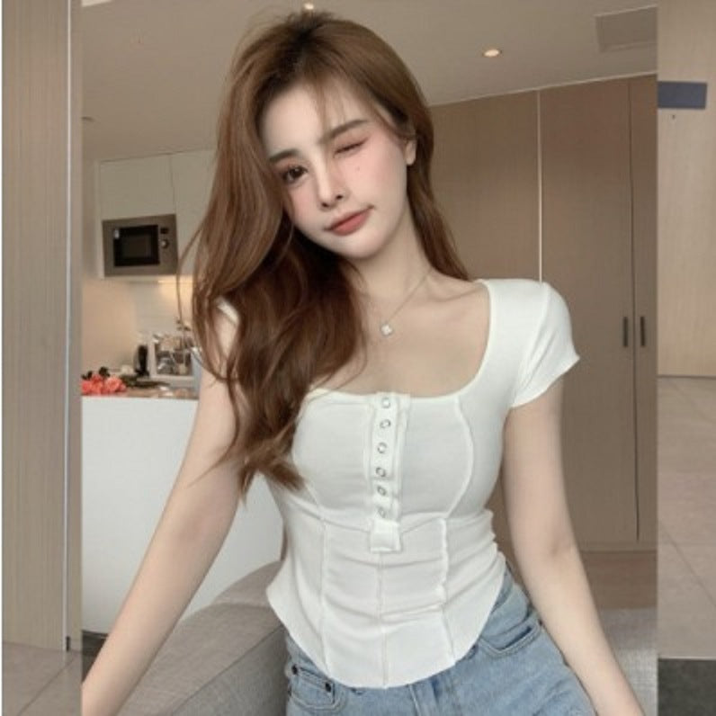 Women's fitted top with decorative press studs and square neckline