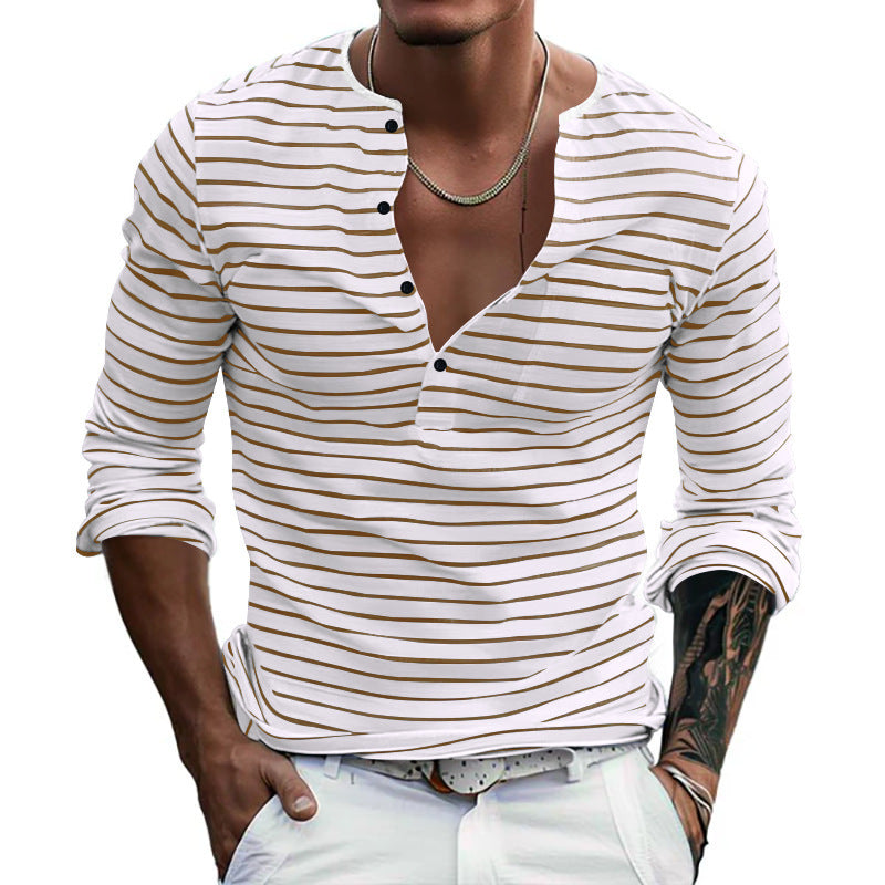 Men's Casual Long Sleeve Shirt with Subtle Stripe Pattern and Button Placket Lisslune