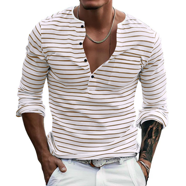 Men's Casual Long Sleeve Shirt with Subtle Stripe Pattern and Button Placket Lisslune