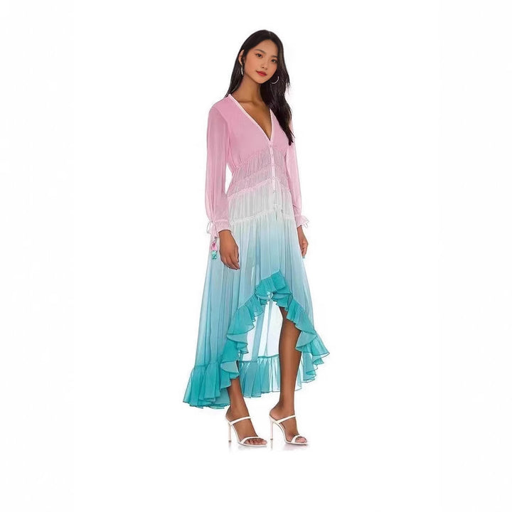 Women's maxi dress with ruffle details and elastic top