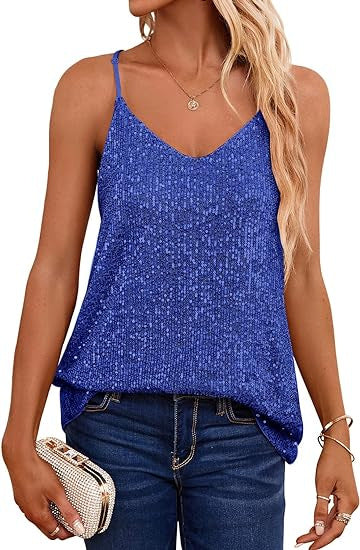 Women's Sparkling Spaghetti Strap Top with V-Neck and Shimmering Details Lisslune
