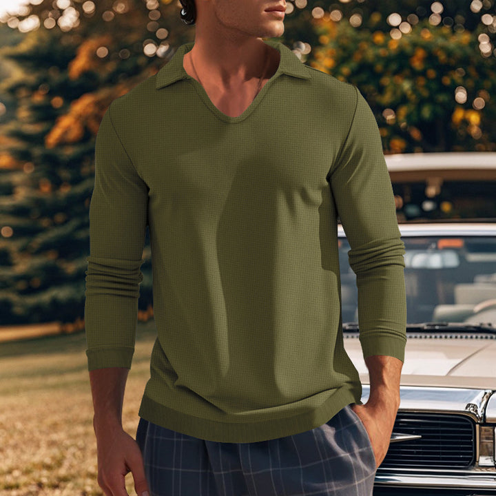 Men's Long Sleeve Shirt with Modern V-Neck and Textured Design Lisslune