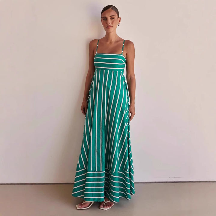 Women's Long Sleeve Maxi Dress with Elegant Stripe Pattern and Flowing Cut